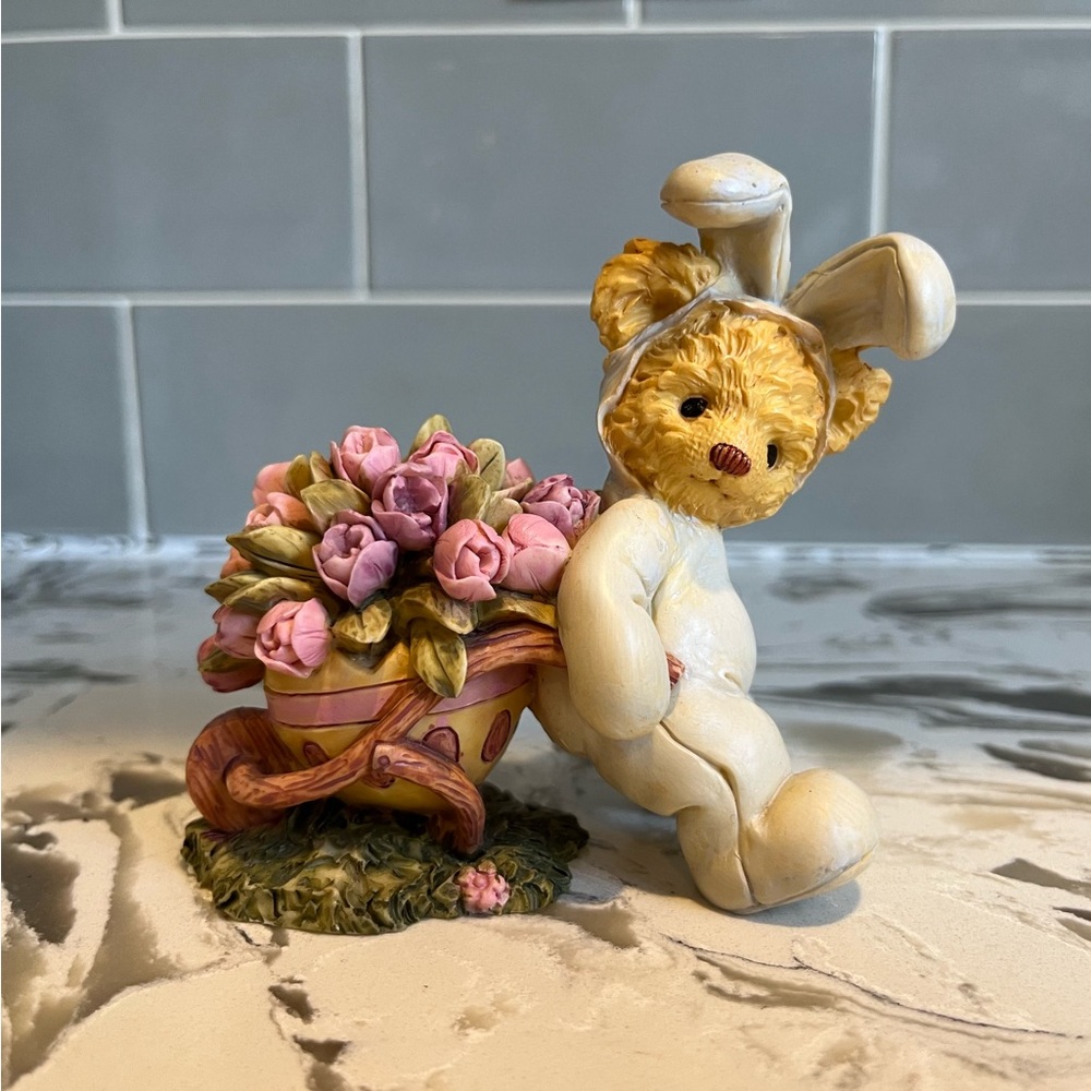 Charming Teddy Bear Bunny Figurine with Floral Cart
